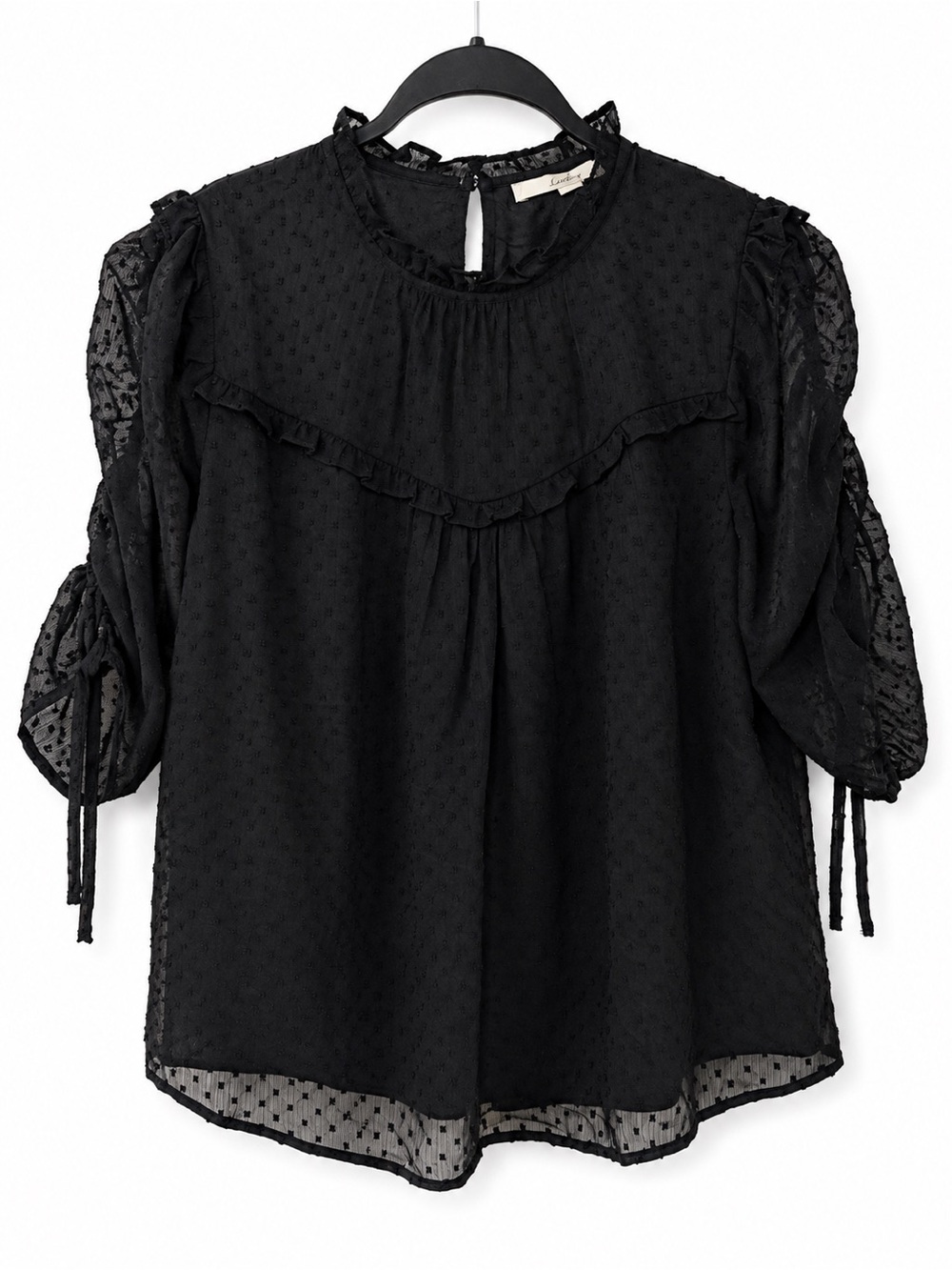NWT LOFT Black Swiss Dot Ruffle Blouse Sheer Puff Sleeve Mock Neck Adjustable M